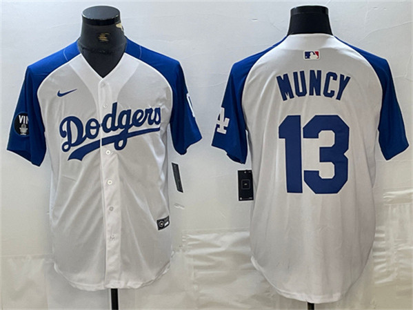 Los Angeles Dodgers #13 Max Muncy White Blue Vin Patch Cool Base Stitched Jersey - Click Image to Close